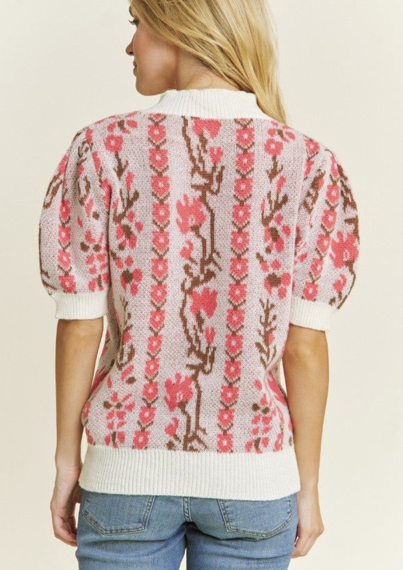 Ellie Pink Multi Floral Short Sleeve Sweater