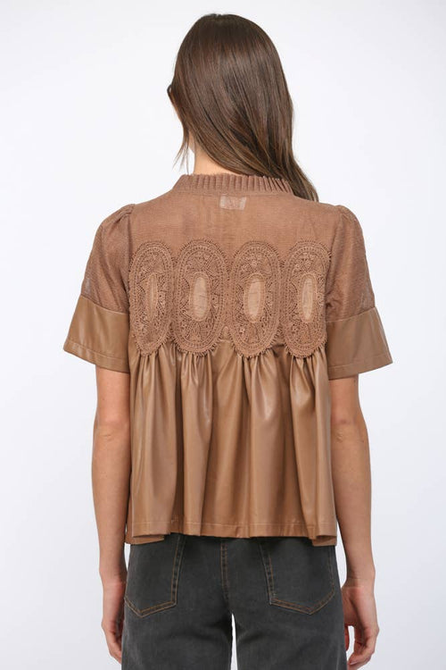 LACE OVERLAY FAUX LEATHER BABYDOLL TOP FT24196