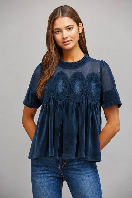 SHEER MESH UPPER PANEL WITH LACE APPLIQUE FAUX SUEDE TOP