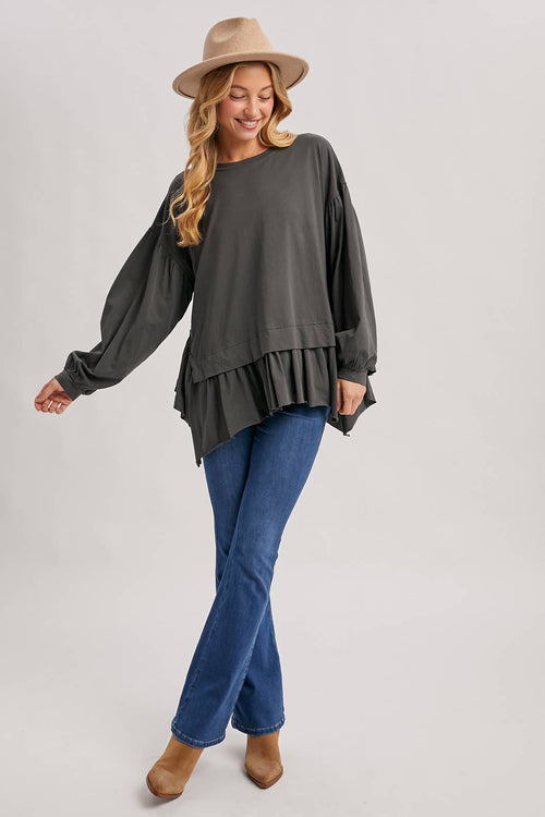 RUFFLED PEPLUM HEM OVERSIZED KNIT TOP