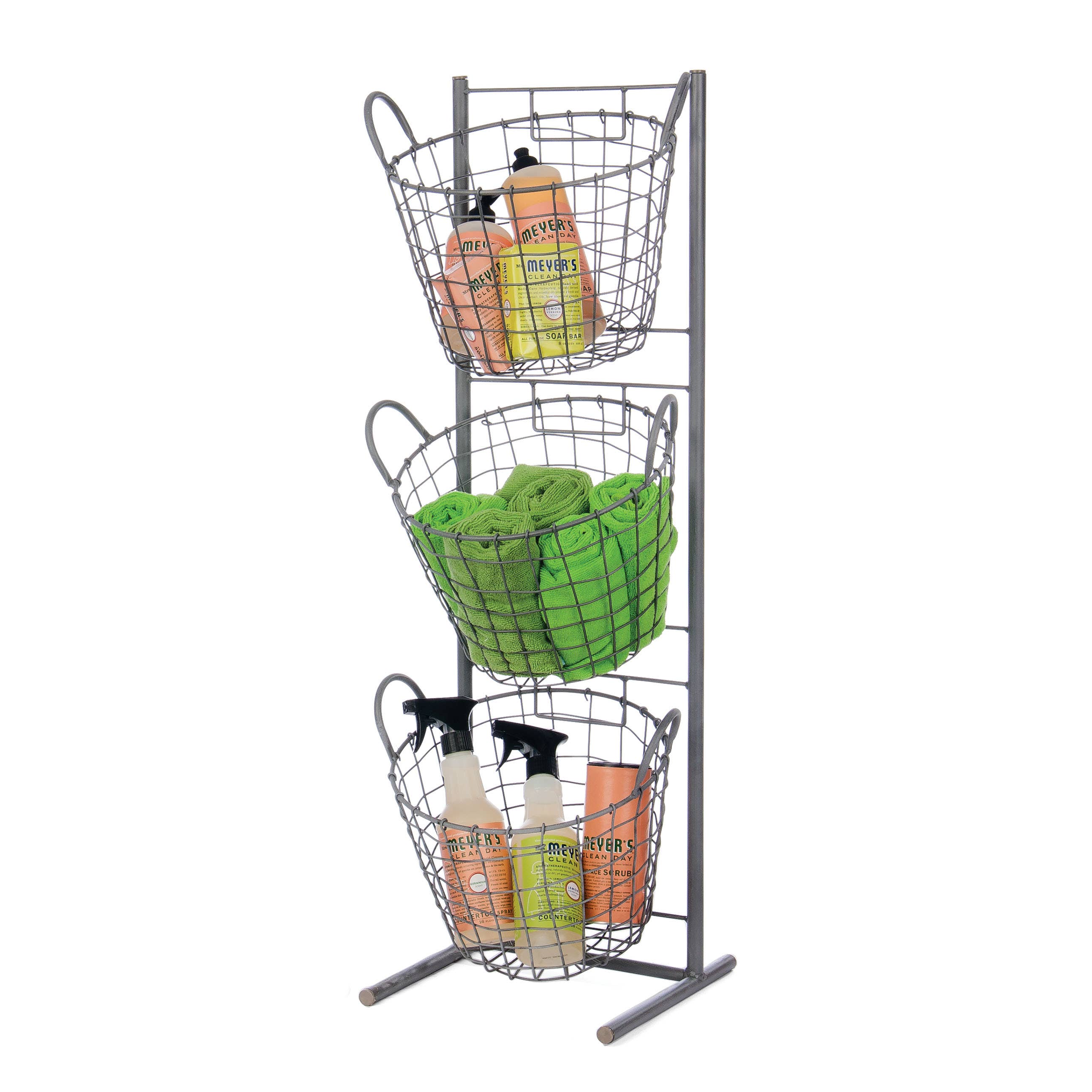 Gray Metal 3-Tier Wire Basket Display Stand