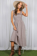 Gingham Velvet Trim Strap 100% Cotton Midi Dress VD83286