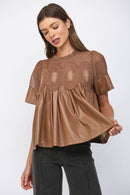LACE OVERLAY FAUX LEATHER BABYDOLL TOP FT24196