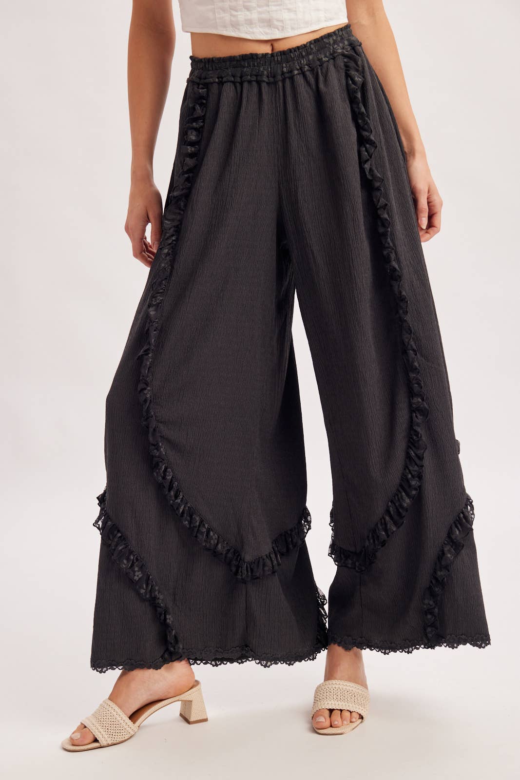 BOHO EYELET LACE RUFFLE TRIMMED WIDE PANTS