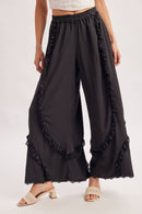 BOHO EYELET LACE RUFFLE TRIMMED WIDE PANTS