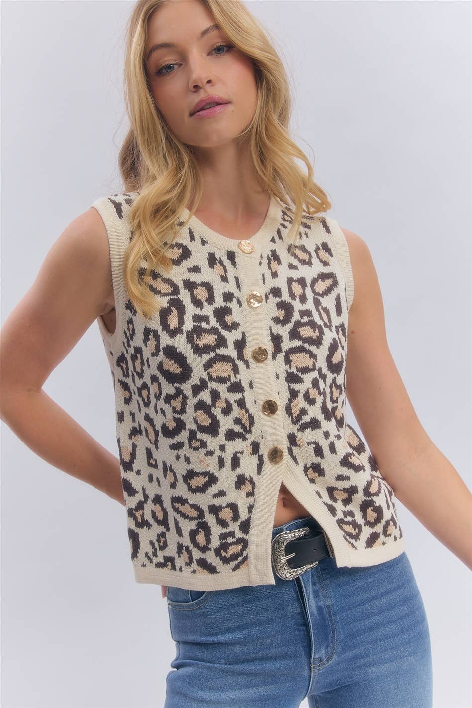 LEOPARD GOLD METAL BUTTON SLEEVELESS SWEATER TOP_JLT00014-01