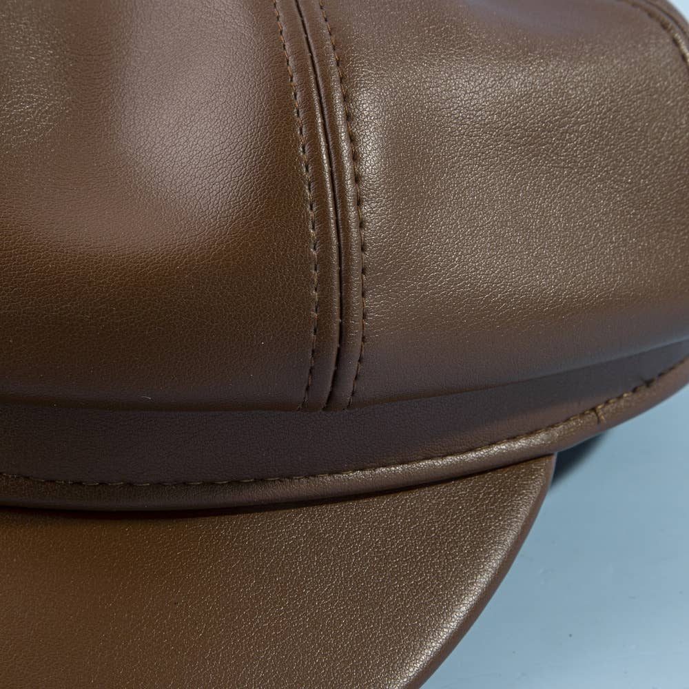 Paneled Vegan Leather Newsboy Cabbie Hat