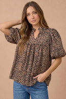 Leopard Ruffle Notch Neck Blouse
