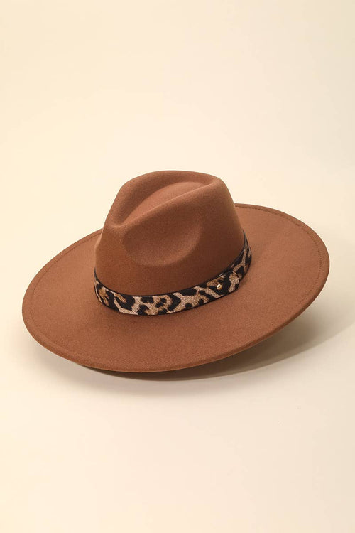 Leopard Strap Flat Brim Fedora Hat