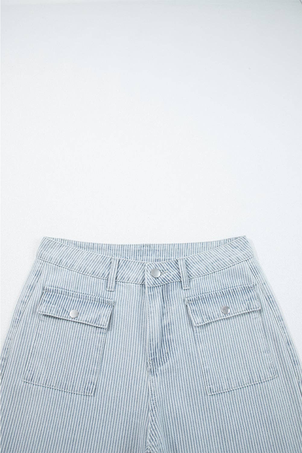 Sky Blue Stripe Button Flap Pocket Cuffed Hem Wide Leg Jeans