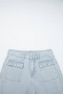 Sky Blue Stripe Button Flap Pocket Cuffed Hem Wide Leg Jeans
