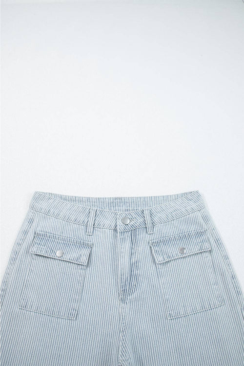 Sky Blue Stripe Button Flap Pocket Cuffed Hem Wide Leg Jeans