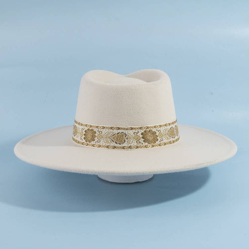 Wide Brim Felt Fedora With Gold Brocade Band