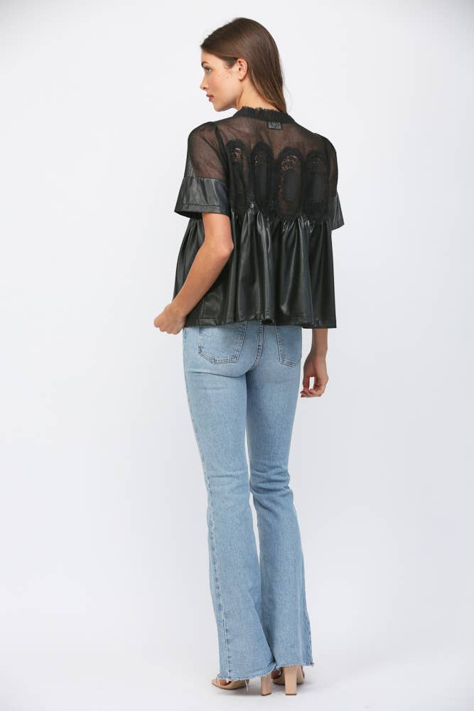 LACE OVERLAY FAUX LEATHER BABYDOLL TOP FT24196