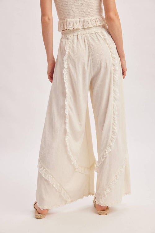 BOHO EYELET LACE RUFFLE TRIMMED WIDE PANTS