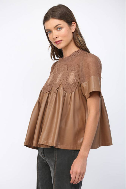 LACE OVERLAY FAUX LEATHER BABYDOLL TOP FT24196