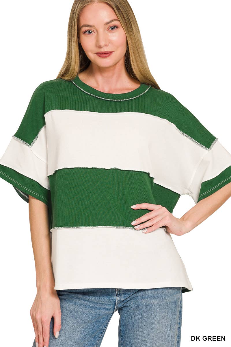 French Terry Color Block Exposed Seam Top - Zenana