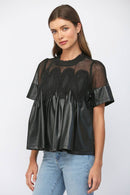 LACE OVERLAY FAUX LEATHER BABYDOLL TOP FT24196