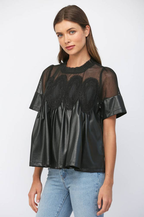 LACE OVERLAY FAUX LEATHER BABYDOLL TOP FT24196