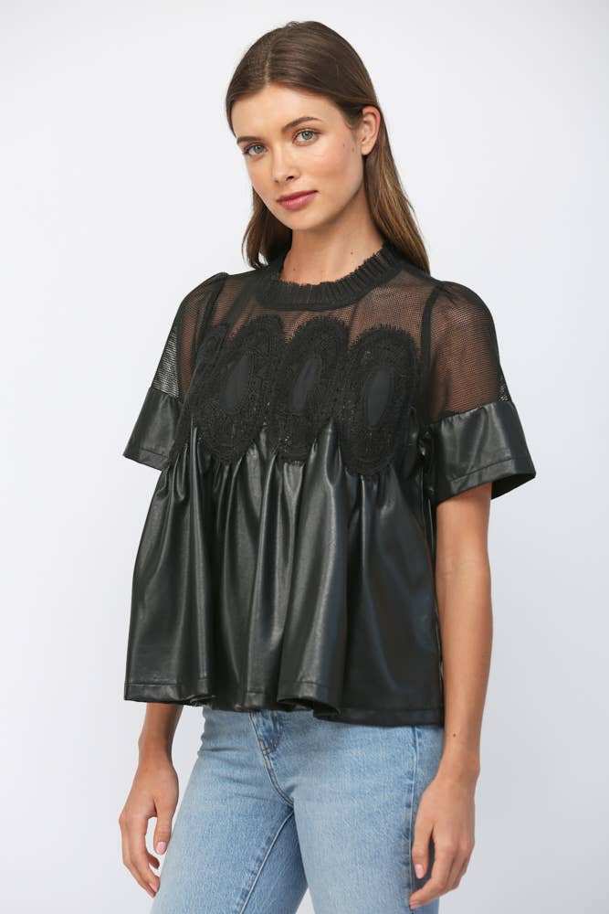 LACE OVERLAY FAUX LEATHER BABYDOLL TOP FT24196