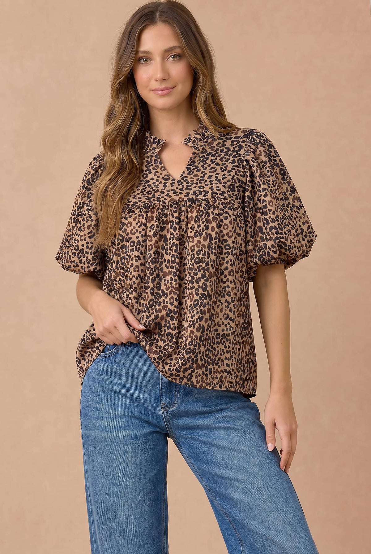 Plus Leopard Ruffle Notch Neck Blouse