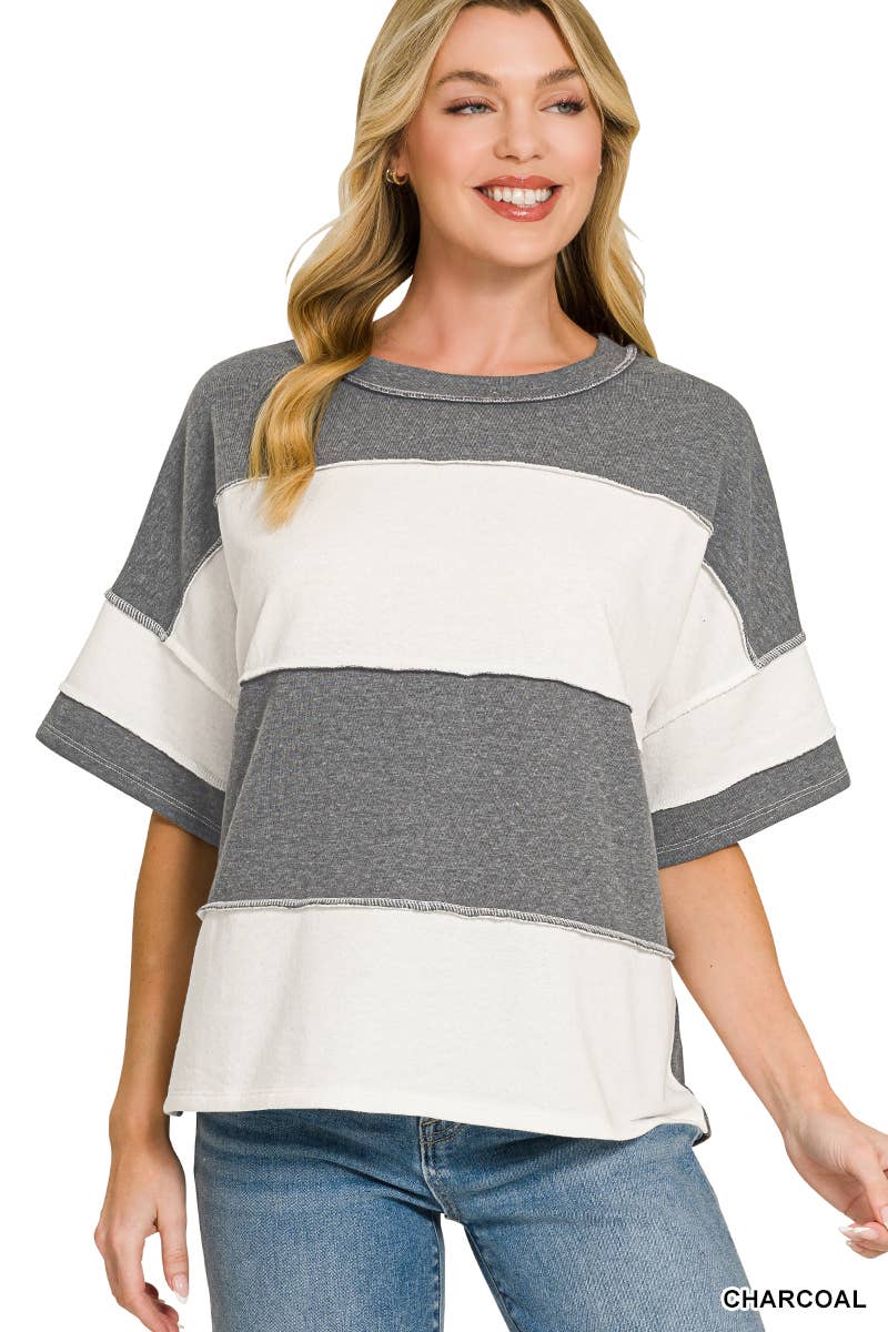 French Terry Color Block Exposed Seam Top - Zenana