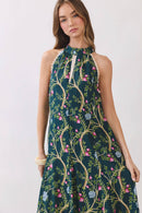 CD07357-Floral Vine Print Halter Neck Maxi Dress