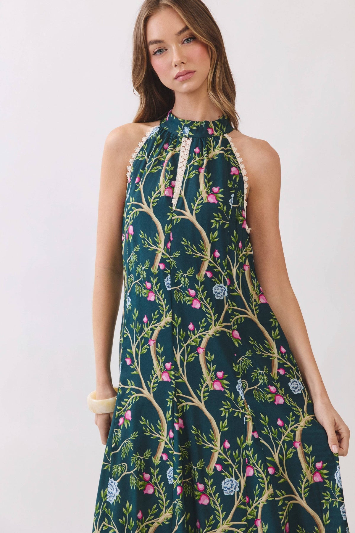 CD07357-Floral Vine Print Halter Neck Maxi Dress