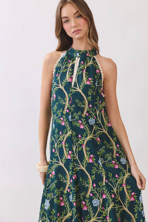 CD07357-Floral Vine Print Halter Neck Maxi Dress