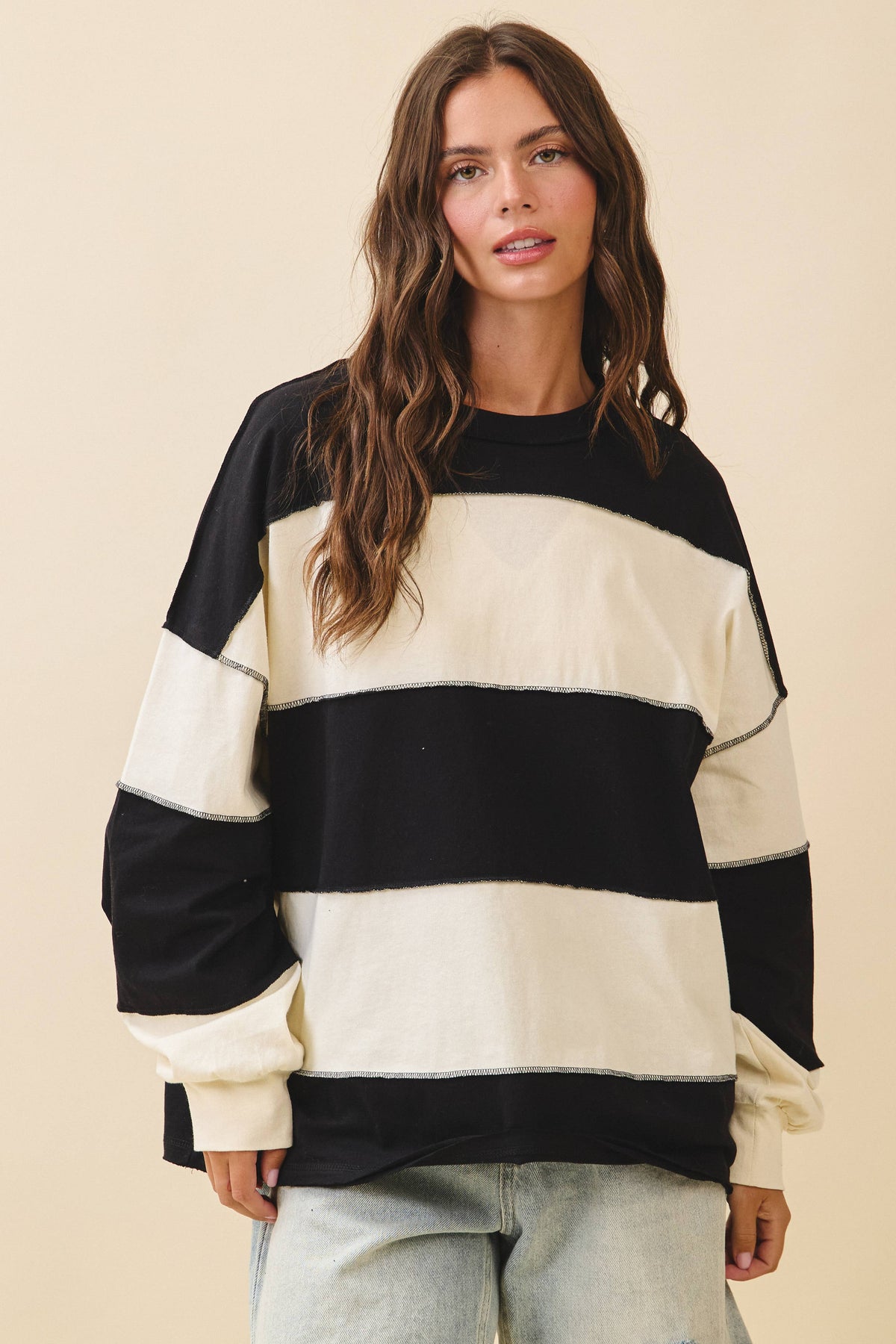 8551GN Oversized Color Block Long Sleeve Pullover