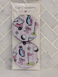 Pink Golf Cart Stripe Car Coasters