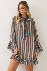 CD07559-Striped Bow Tie Ruffle Mini Dress