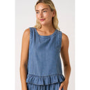 BACK BUTTON DETAIL CHAMBRAY RUFFLE PEPLUM TANK TOP