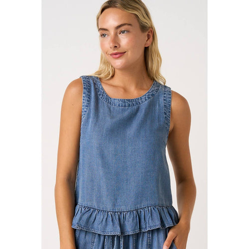 BACK BUTTON DETAIL CHAMBRAY RUFFLE PEPLUM TANK TOP