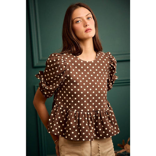 POLKA DOT BOW DETAIL SHORT SLEEVES PEPLUM TOP
