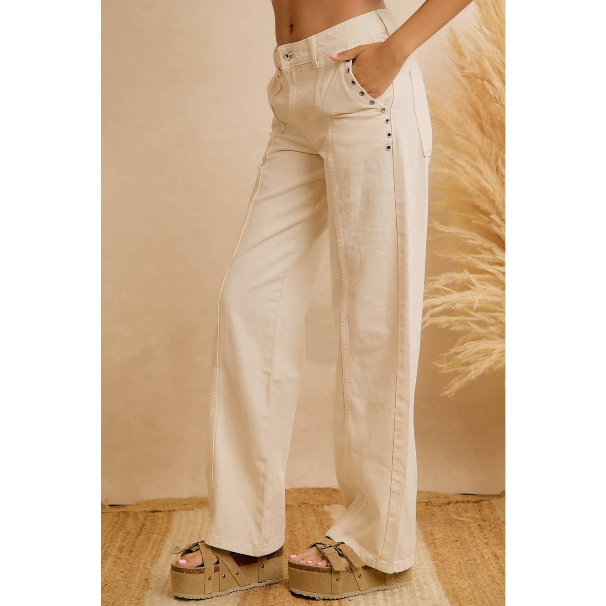 Grommet Detail High Waist Wide Leg Pants