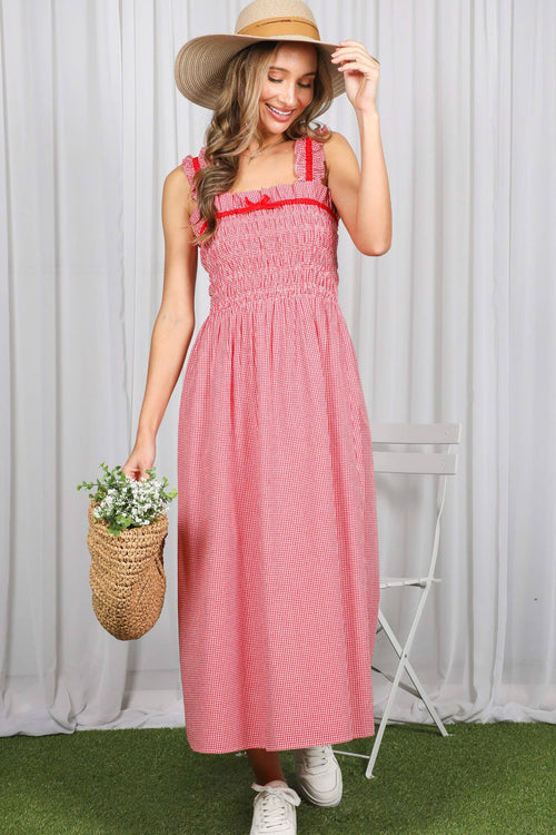 Gingham Velvet Trim Strap 100% Cotton Midi Dress VD83286