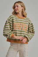 STRIPE TERRY CASUAL THANKSGIVING TOP WITH PUMPKIN LETTERING
