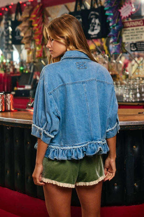 IT2444B | Denim Ruffle Hemline Shirt Top