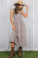 Gingham Velvet Trim Strap 100% Cotton Midi Dress VD83286
