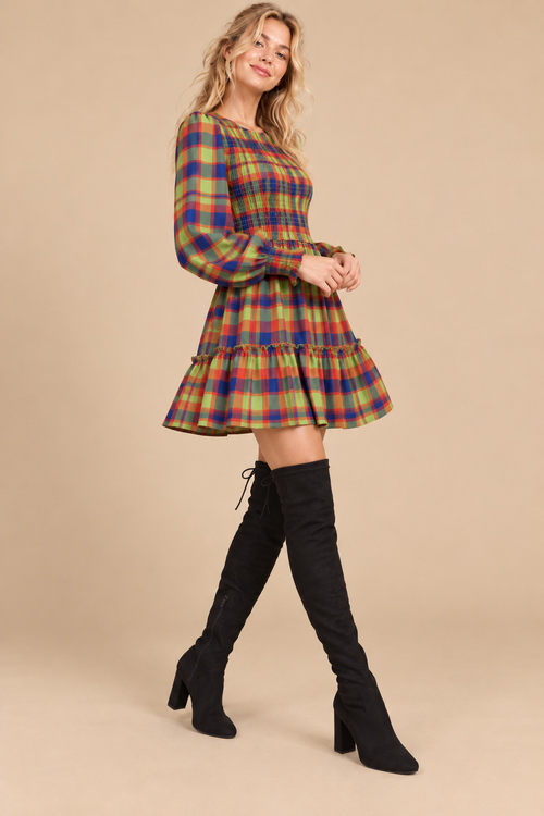 Colorful Plaid Smocked Mini Dress