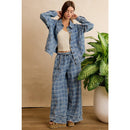 FRAYED DETAIL PLAID WIDE LEG JEANS WITH DUAL POCKETS