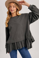 RUFFLED PEPLUM HEM OVERSIZED KNIT TOP