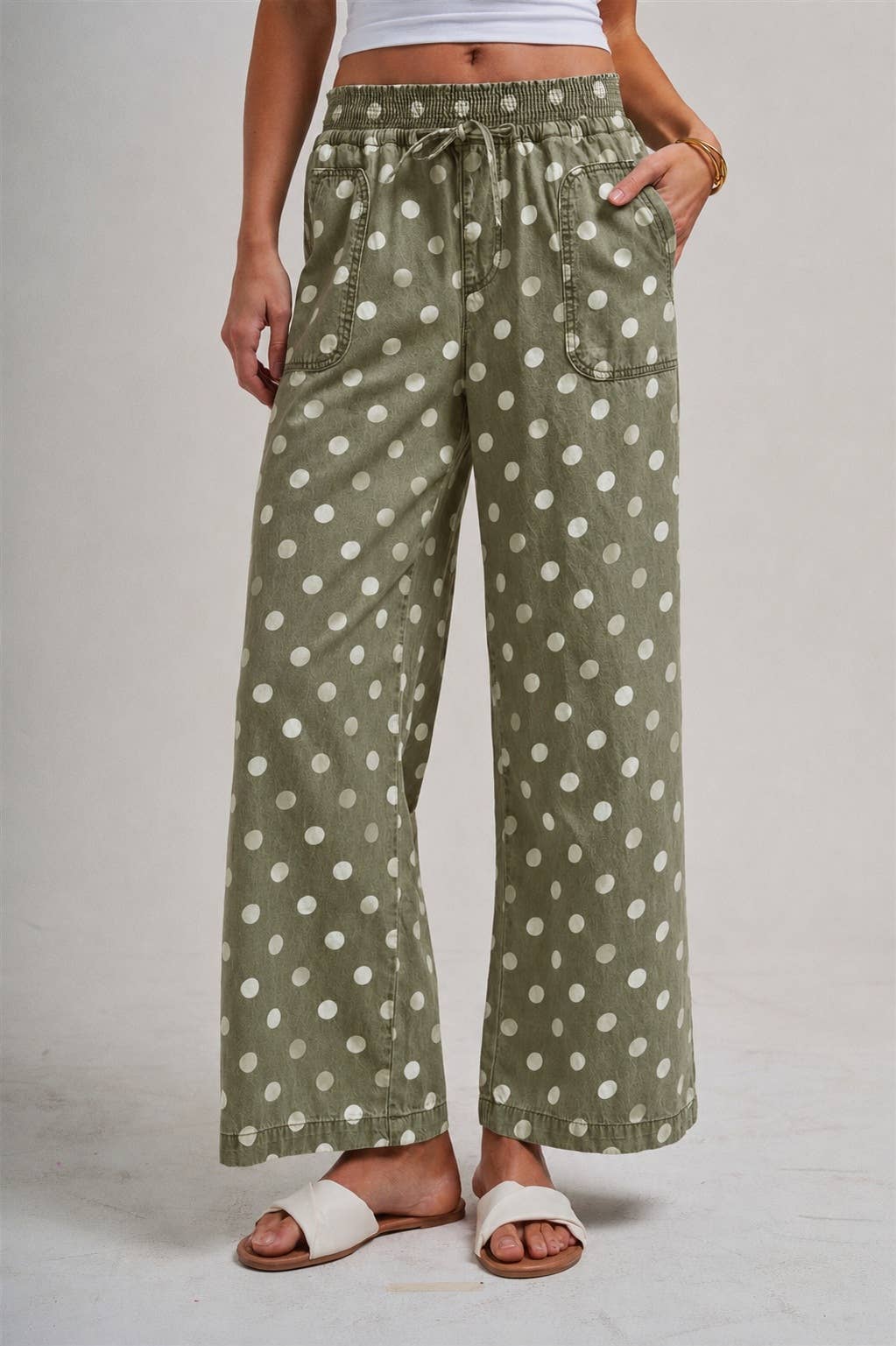 Polka Dot Drawstring Wide Leg Pants