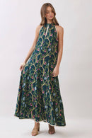 CD07357-Floral Vine Print Halter Neck Maxi Dress