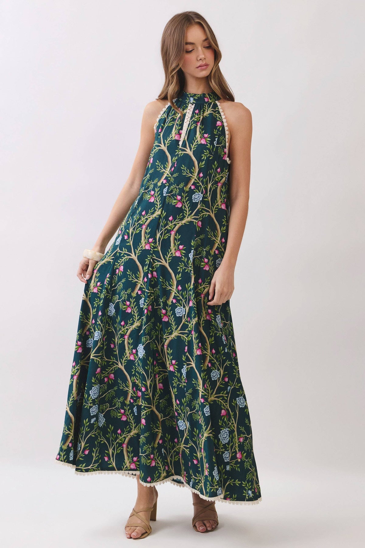 CD07357-Floral Vine Print Halter Neck Maxi Dress