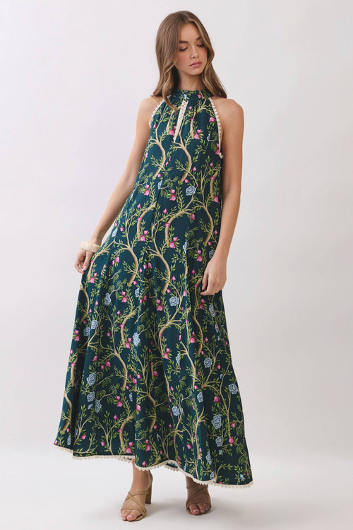 CD07357-Floral Vine Print Halter Neck Maxi Dress