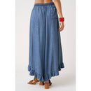 WASHED CHAMBRAY RUFFLE HEM WIDE LEG PANTS