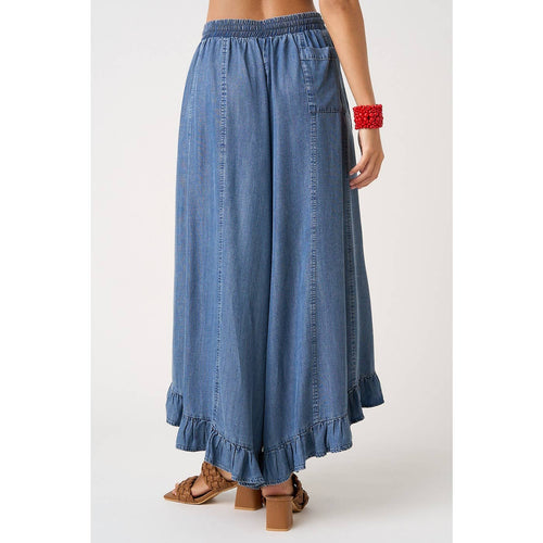 WASHED CHAMBRAY RUFFLE HEM WIDE LEG PANTS