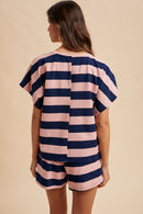 Striped French Terry Knit Top & Shorts Set - Navy/Pink